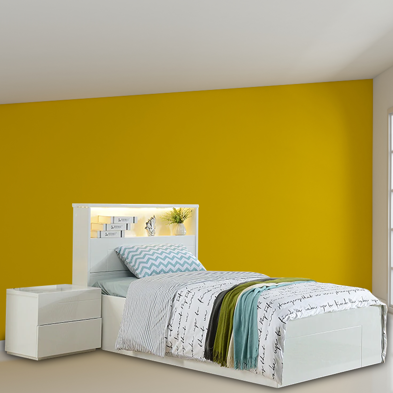 Modern gloss white bed with LED-lit headboard, gas lift storage, end drawer, and optional matching bedroom accessories.