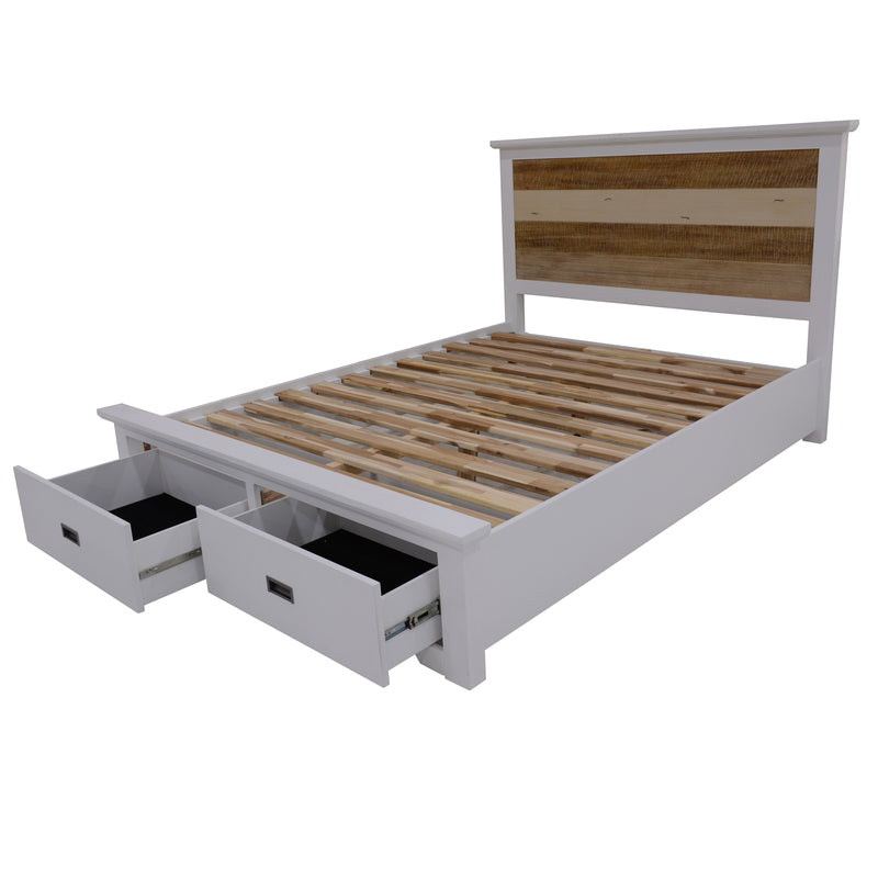 Durban Bedroom Suite with queen/king bed, storage drawers, two bedside tables, dresser, and tallboy in acacia wood.