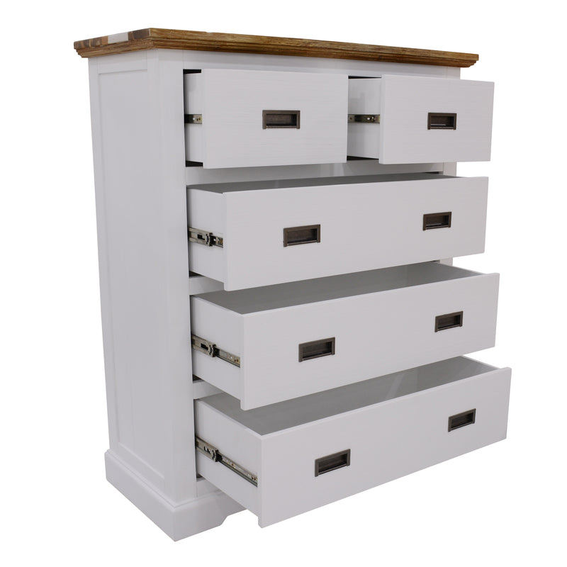 Rugged yet stylish Durban Bedroom Suite featuring storage bed, matching tallboy, dresser, mirror, and bedside tables in acacia.