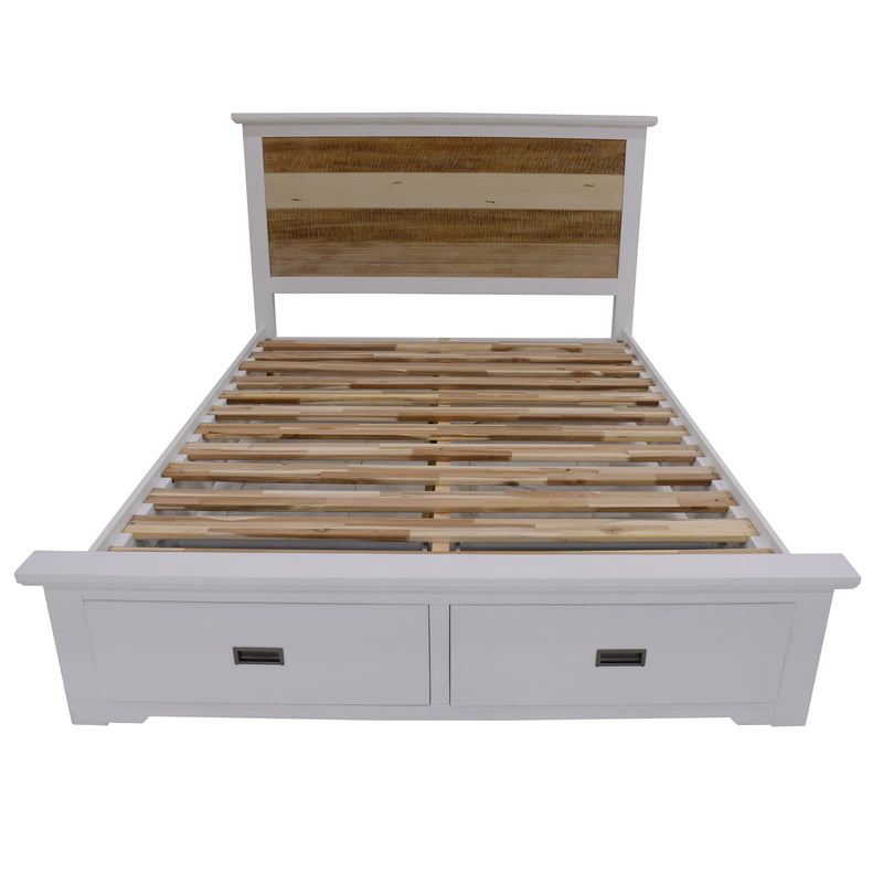 Durban bedroom suite in multi-color acacia wood with storage bed, dresser, tallboy, mirror, and two bedside tables.