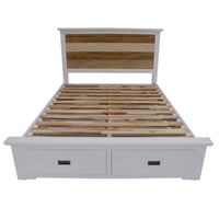 Durban bedroom suite in multi-color acacia wood with storage bed, dresser, tallboy, mirror, and two bedside tables.