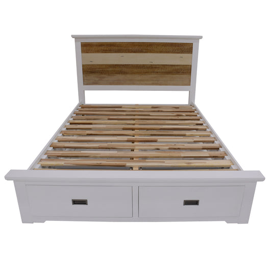 Durban bedroom suite in multi-color acacia wood with storage bed, dresser, tallboy, mirror, and two bedside tables.