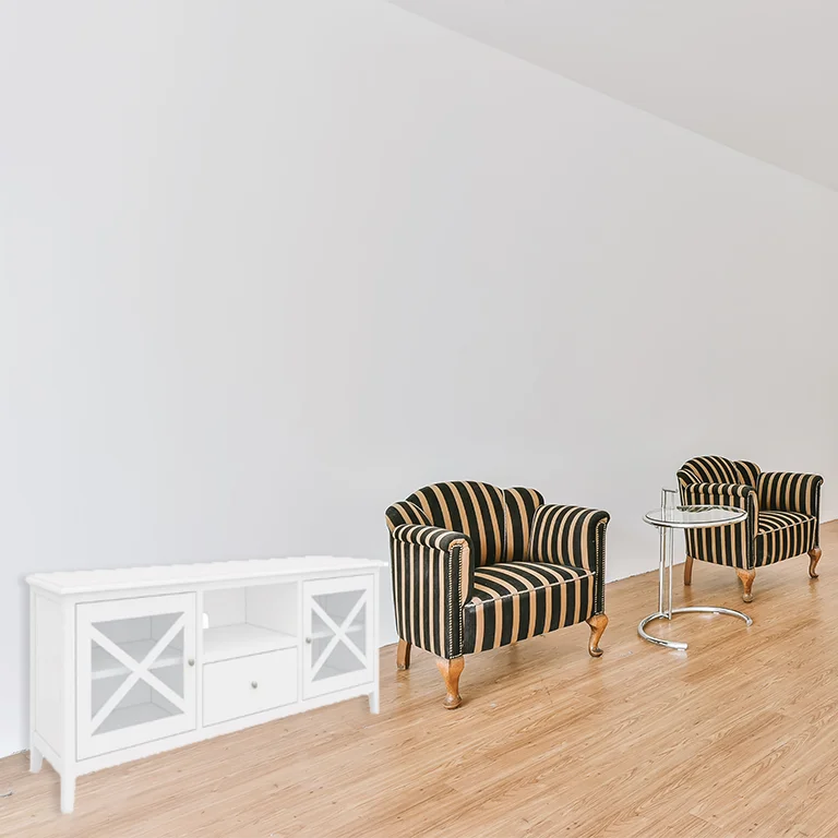 Hamptons-style TV unit with metal runners and black felt drawers, displayed in a sophisticated lounge.