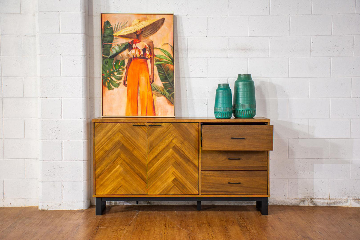 Harrington Buffet with sturdy steel legs and ample storage, enhancing a contemporary living area.