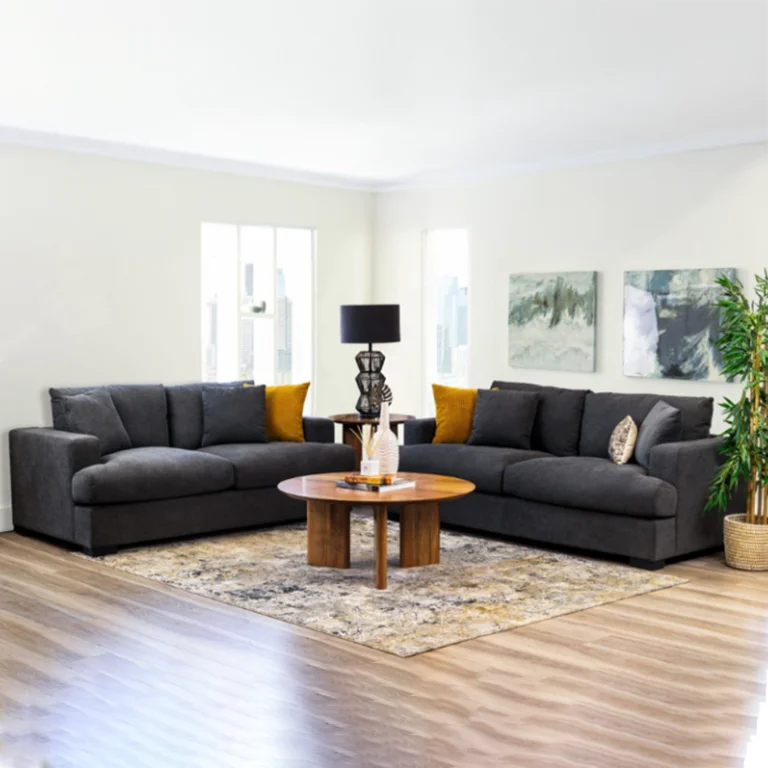 Dark Grey Hasting 2.5 + 2 Seater Sofa with low-profile design and polyester fabric, set in a stylish space.