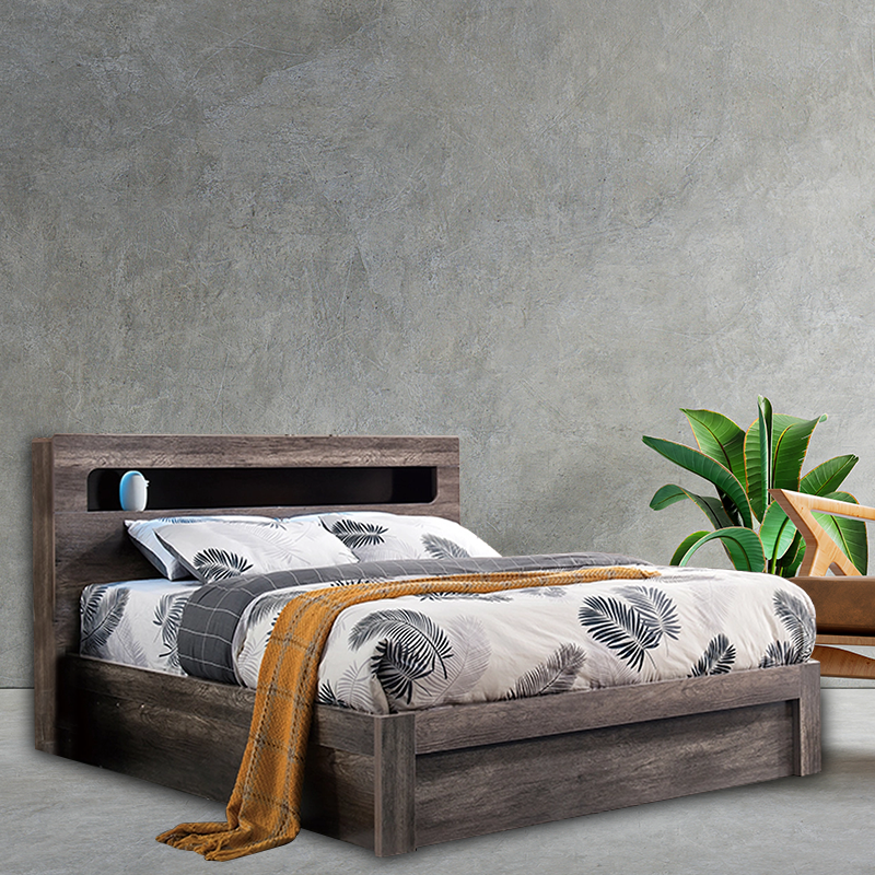 Marco Bed in Charcoal Oak featuring an open storage bedhead, built-in LED lights, and a modern design with easy assembly.