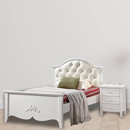 Ivory white kids’ bed suite with sturdy bed, tallboy, bedside table, and optional desk and hutch for storage.