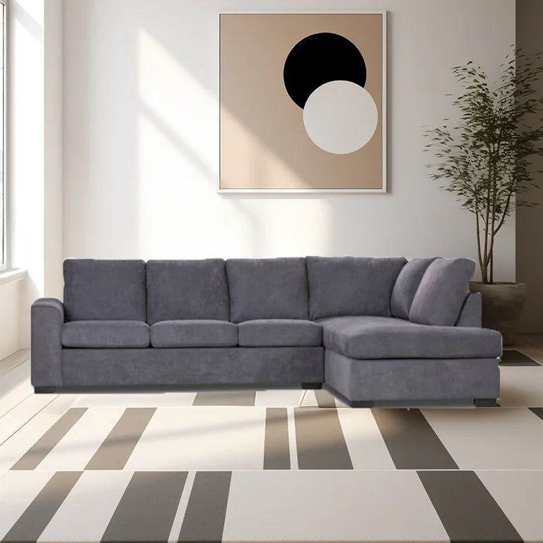 Stylish 4 seater fabric lounge in dark grey, combining corner chaise design with polyester-nylon upholstery for modern living.