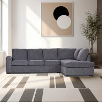 Stylish 4 seater fabric lounge in dark grey, combining corner chaise design with polyester-nylon upholstery for modern living.