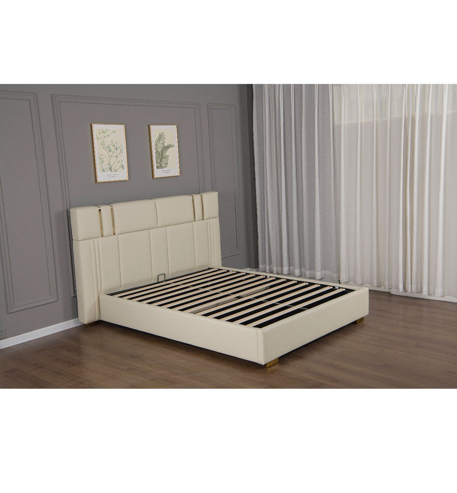 Lillian Bed Frame PU Leather Gas Lift Storage White Gold Strips