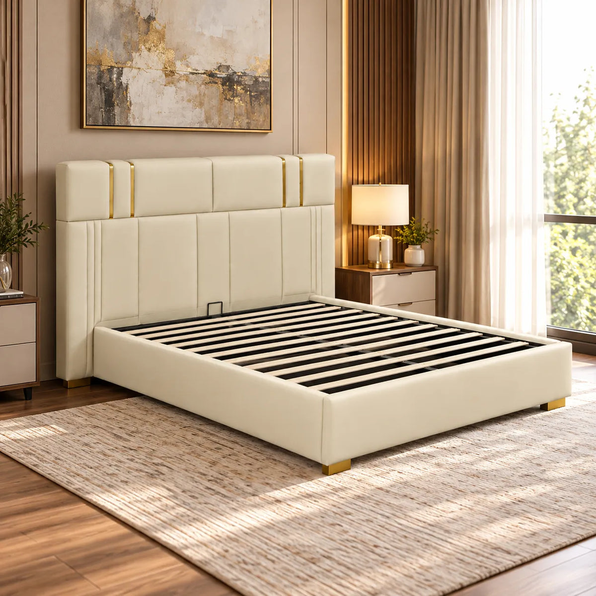 Lillian Bed Frame PU Leather Gas Lift Storage White Gold Strips