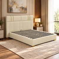 Lillian Bed Frame PU Leather Gas Lift Storage White Gold Strips