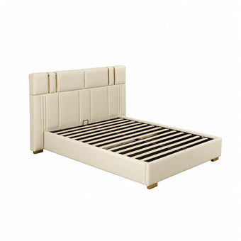 compare product Lillian Bed Frame PU Leather Gas Lift Storage White Gold Strips