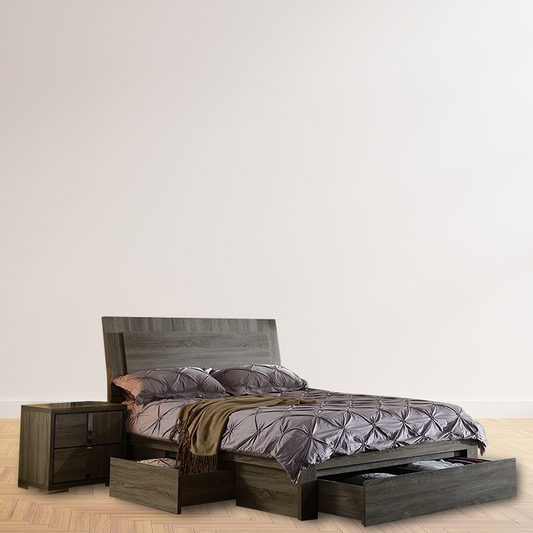 Magnum Mocha Bed Suite featuring a gas lift bed with LED light, bedside table, tallboy, dresser, and mirror in a warm mocha finish.