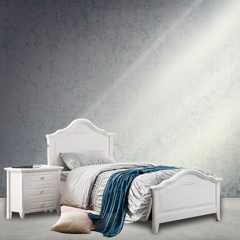 Mossman Bed Suite in white, includes single or king single bed, bedside, and five-drawer tallboy for kids' storage.