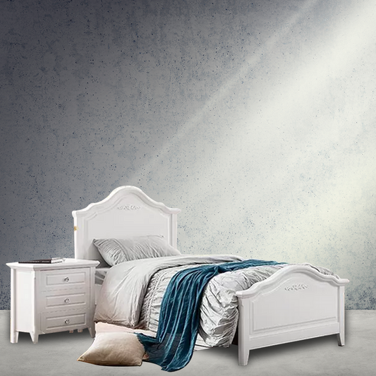 Mossman Bed Suite in white, includes single or king single bed, bedside, and five-drawer tallboy for kids' storage.