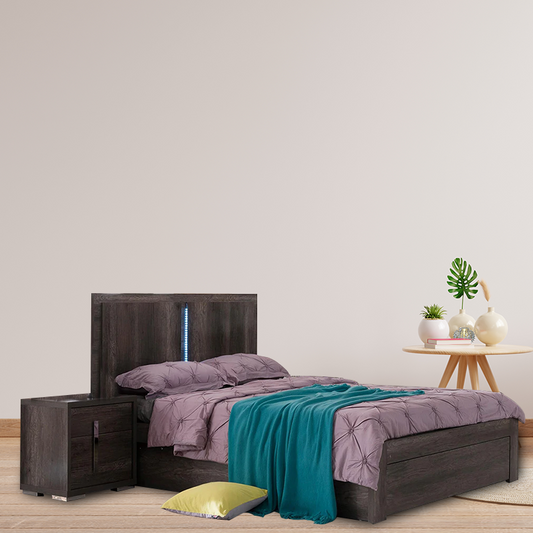 Stylish bed suite with LED-lit headboard, gas lift storage, front drawer, bedside table, tallboy, and mirrored dresser.