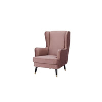 Cooper Arm Chair with polyester fabric and timber legs, set in a modern living room.