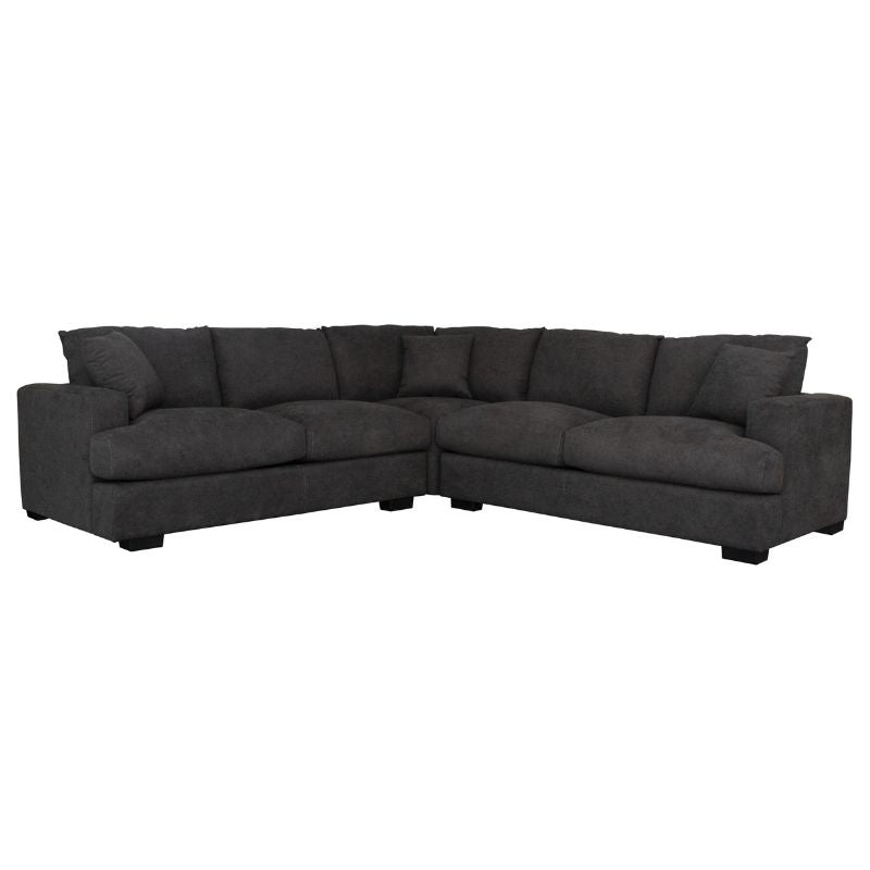 Luxurious 5 seater fabric corner lounge with goose feather cushions, polyester upholstery, and a solid timber frame for lasting comfort.