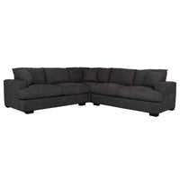 Luxurious 5 seater fabric corner lounge with goose feather cushions, polyester upholstery, and a solid timber frame for lasting comfort.