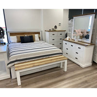 Rugged acacia wood Durban bedroom set with storage drawers, dresser, tallboy, mirror, and two bedsides for added style.