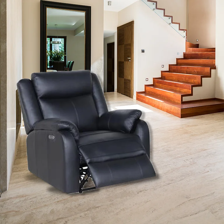 Marine Blue Peggy LTH Recliner with electric recliner and lumbar support, in a stylish lounge.