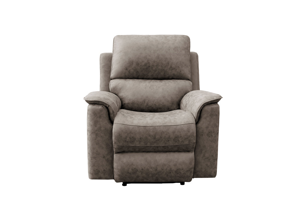 Brown Manhattan Rhino Fabric Lounge with manual recliners and sturdy design, in a trendy lounge.