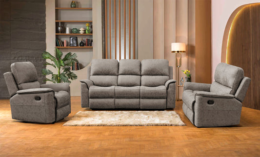 Brown Manhattan Rhino Fabric Lounge with manual recliners and drop-down tray, set in a modern living room.