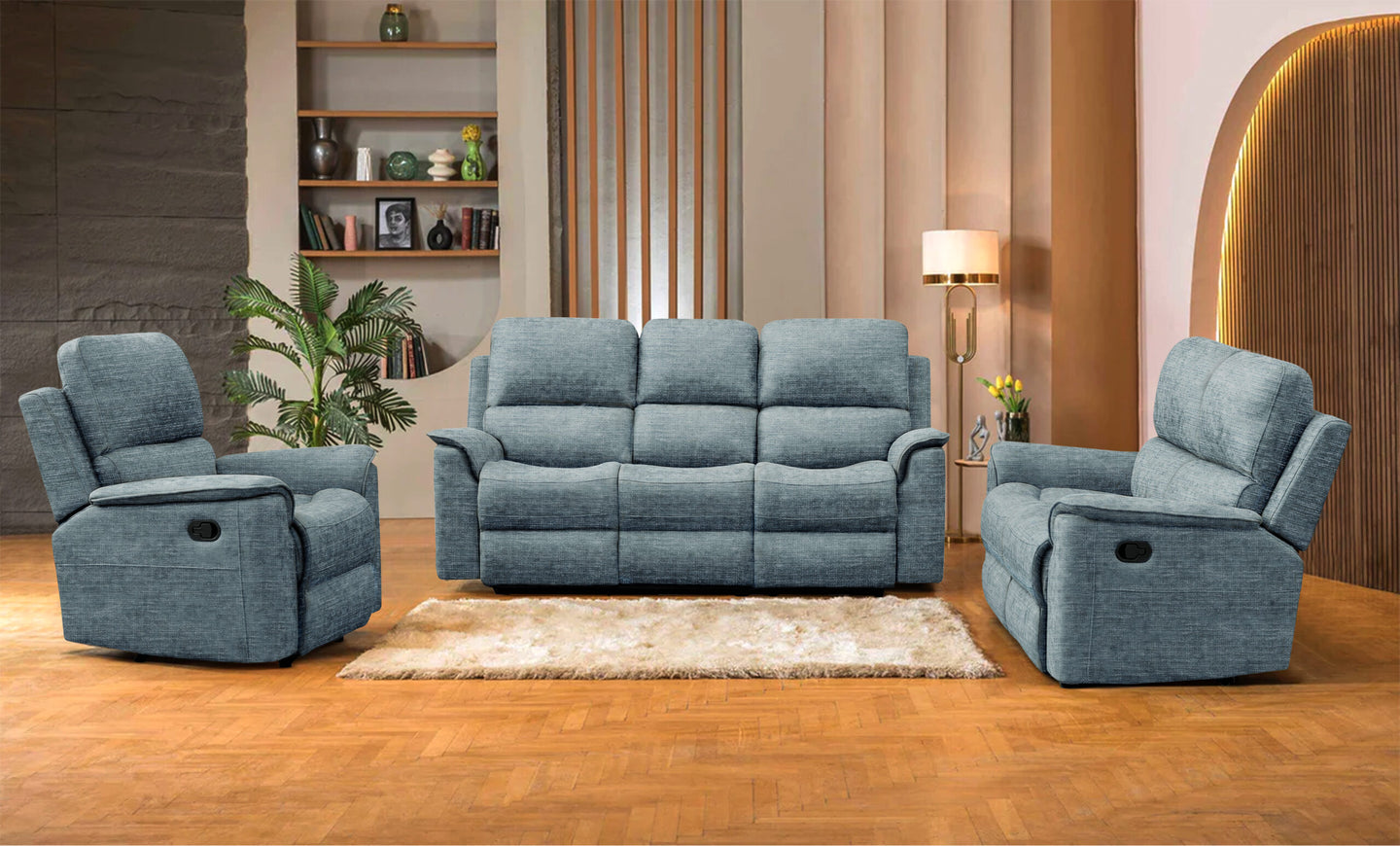 Dark grey Manhattan Linen Fabric Lounge with manual recliners and drop-down tray, set in a modern living room.