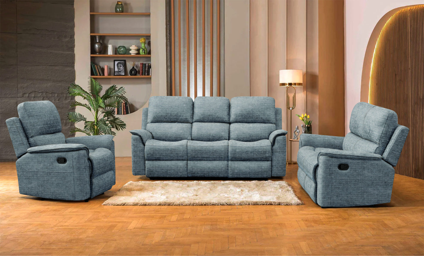 Dark grey Manhattan Linen Fabric Lounge with manual recliners and drop-down tray, set in a modern living room.