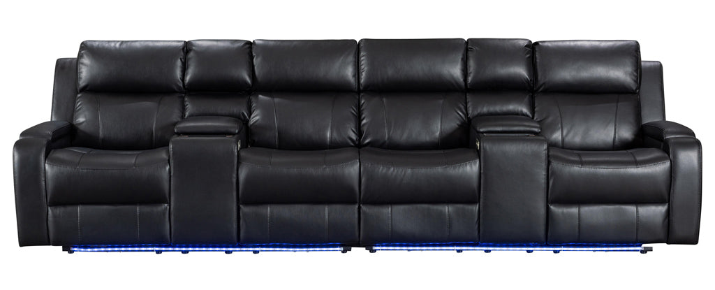 2 recliners and 3 seater lounge set featuring power reclining seats, reading lights, and premium black leather upholstery.