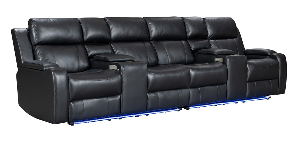 Luxurious home theatre lounge with 4 power recliners, black leather upholstery, and convenient USB ports and AC plugs.