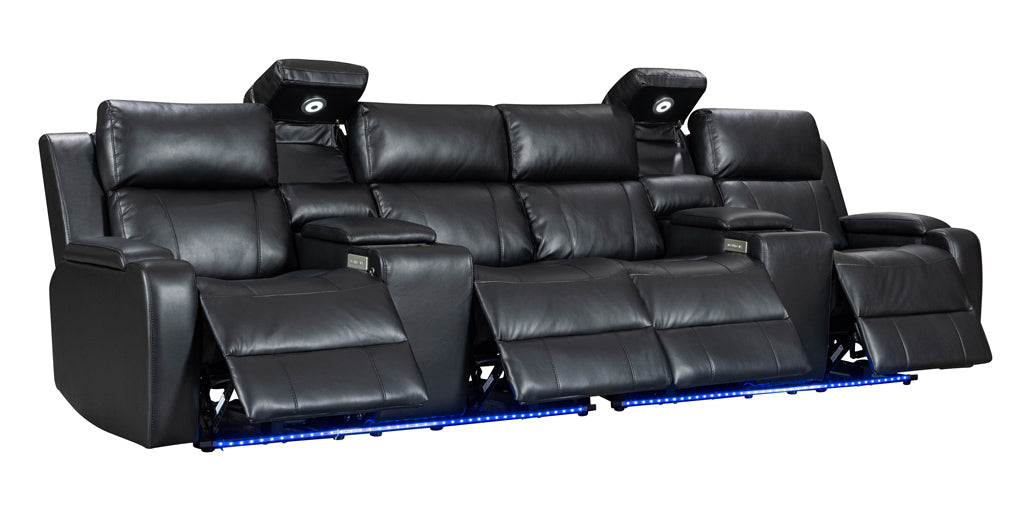 Black leather 2 recliners and 3 seater lounge set with power reclining seats, reading lights, and a functional storage arm.