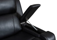 Elegant home theatre lounge with power recliners, black leather upholstery, and a console for a stylish entertainment space.