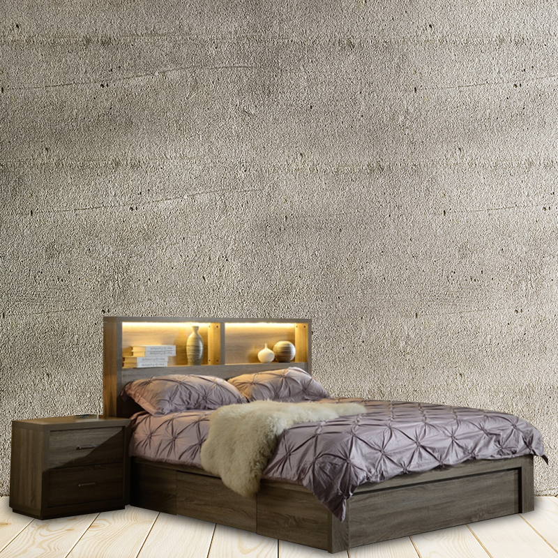 Mocha oak bed suite with gas lift bed, end drawer, bedside tables, and tallboy in modern, functional design.