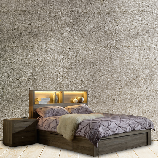 Mocha oak bed suite with gas lift bed, end drawer, bedside tables, and tallboy in modern, functional design.