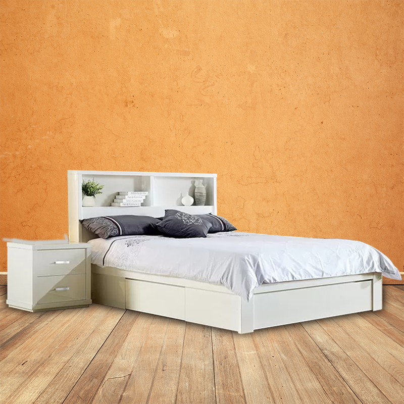 High gloss white bed suite with gas lift bed, end drawer, two bedside tables, and tallboy for modern bedrooms.