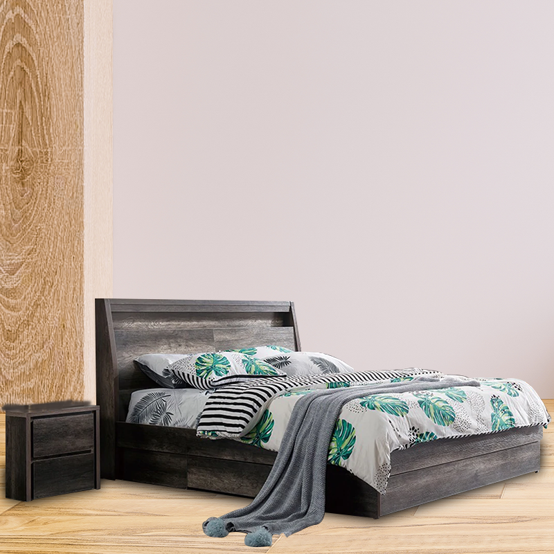 Peter Charcoal Bed Suite with fold-down storage, LED light, gas lift bed, front drawer, tallboy, dresser with mirror, and bedside table.