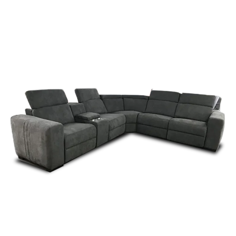 Triopli Corner Modular Lounge with 2 electric recliners and adjustable headrests, set in a modern living room.