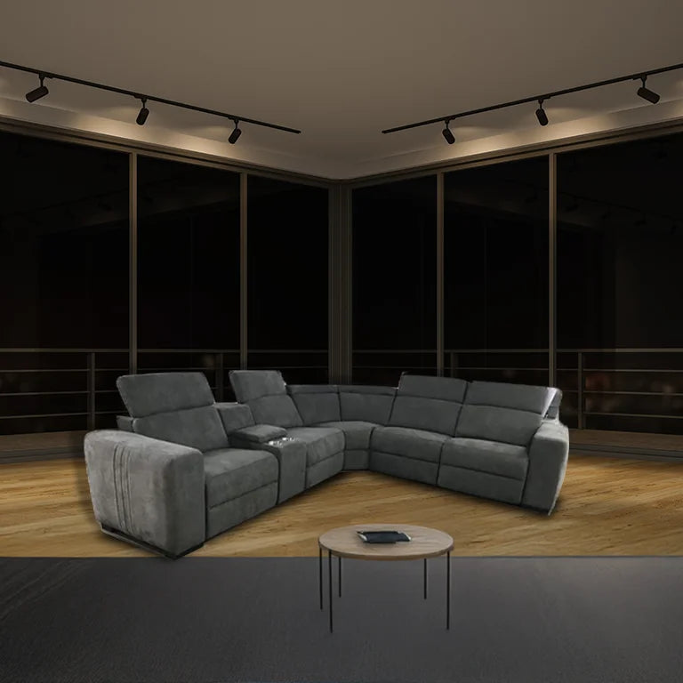 Triopli Corner Modular Lounge with electric recliners and headrests, enhancing a luxurious living space.