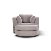 Steel or Grey fabric swivel chair with ottoman, featuring deep seating, scatter cushions, and a 360-degree swivel for modern comfort.