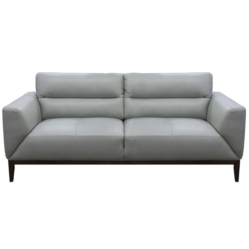 Stylish 3+2 Sonoma lounge with quilted leather upholstery, timber legs, and lumbar support, available in Silver, Gunmetal, or Tangerine.