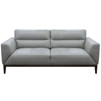 Stylish 3+2 Sonoma lounge with quilted leather upholstery, timber legs, and lumbar support, available in Silver, Gunmetal, or Tangerine.