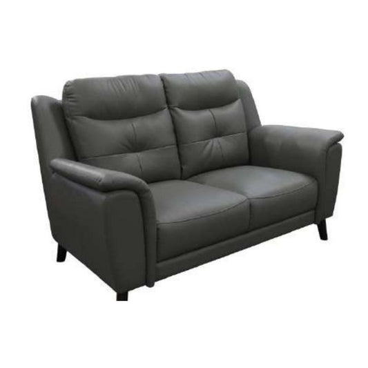 Silver or Gunmetal 2 seater lounge with side pillow arms, channelled high-back cushions, and 100% leather upholstery for modern luxury.
