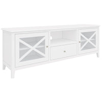 White acacia TV unit with tempered glass doors and silver handles, set in a coastal living room.