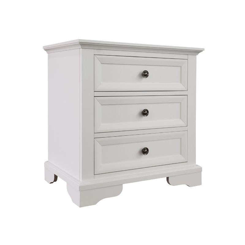 Saga Bedroom Suite with white finish, antique metal handles, black felt-lined drawers, and full-extension metal runners.