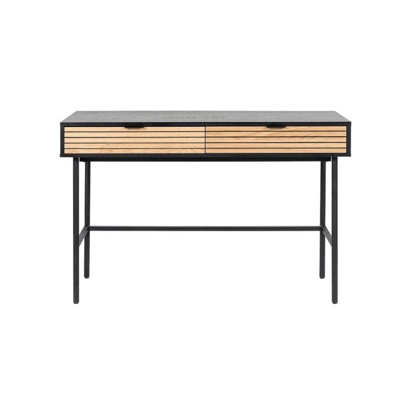 Line Work Desk with two-tone finish and carved line drawers, set in a modern workspace.