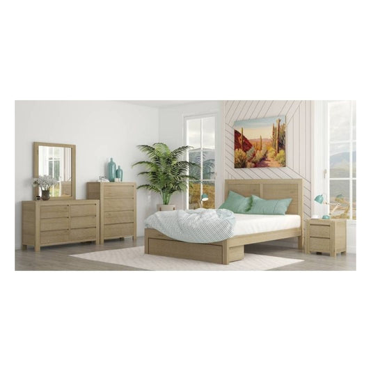 Messina 4PC Kit in brushed smoke finish with solid acacia frame, large footend drawer, and full-extension metal runners for easy access.