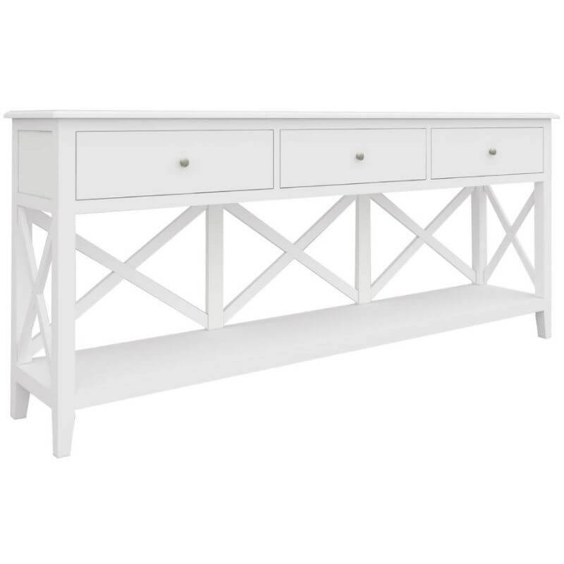 Hampton Hall Table with acacia timber and tempered glass doors, set in a Hamptons-style living room.