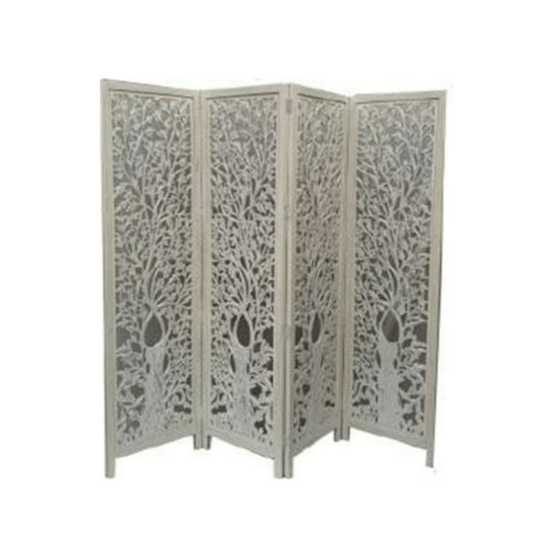 Screen Life Dig 4-panel mango wood screen with exotic pattern, set in a stylish living room.